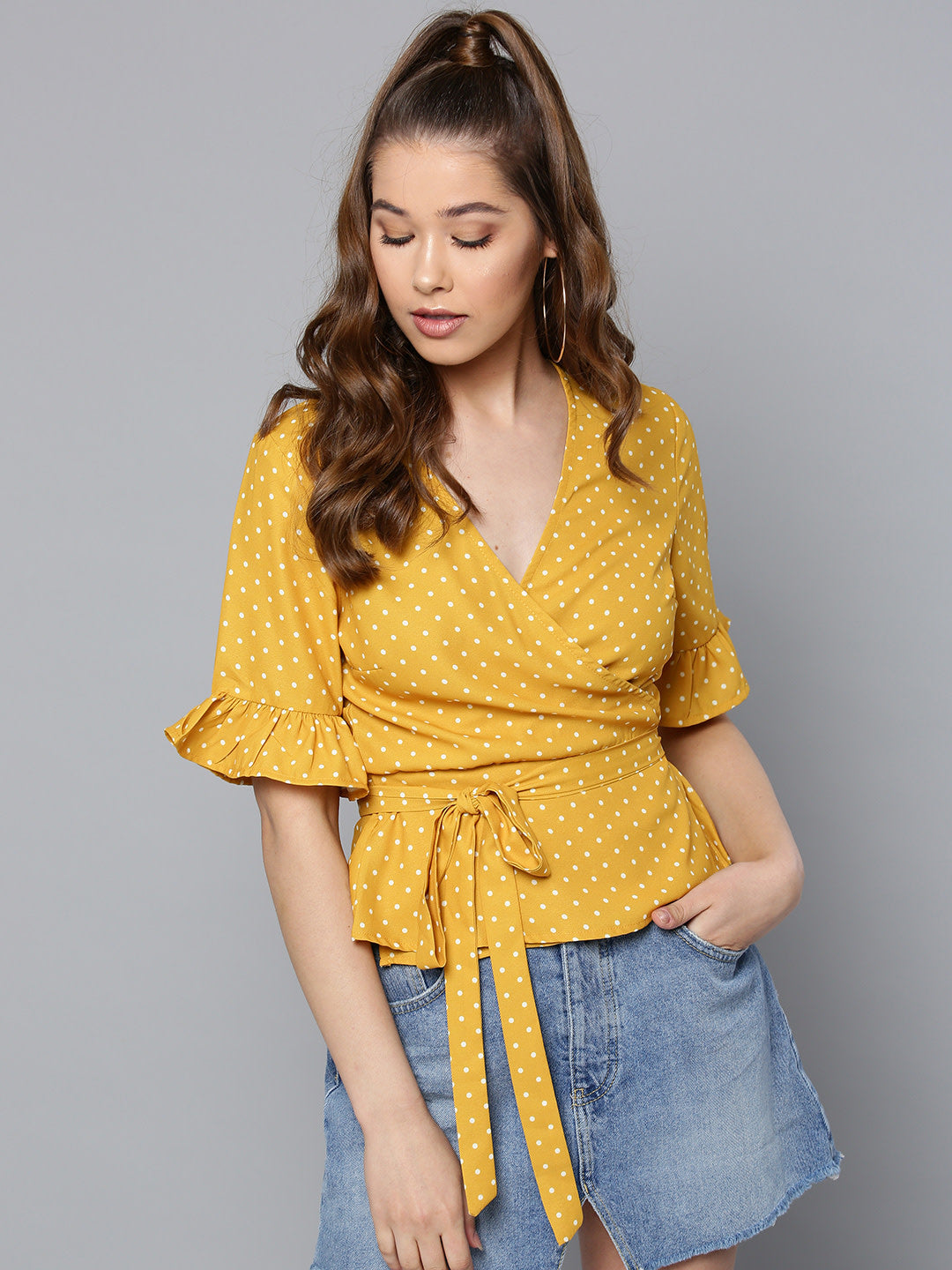 Harpa (Women Mustard Yellow Printed Wrap Top)