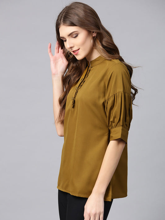 Ives (Women Olive Green Solid Shirt Style Top)