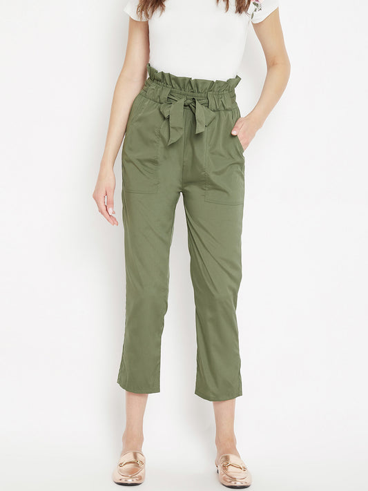 PANIT (Women Olive Green Regular Fit Solid Cropped Peg Trousers)