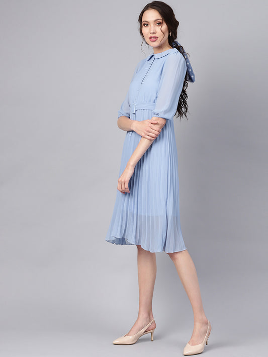 SASSAFRAS (Women Blue Solid Pleated A-Line Dress)